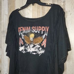 Denim & Supply Ralph Lauren Fringe Oversized Short Sleeves Black TShirt Sz Large